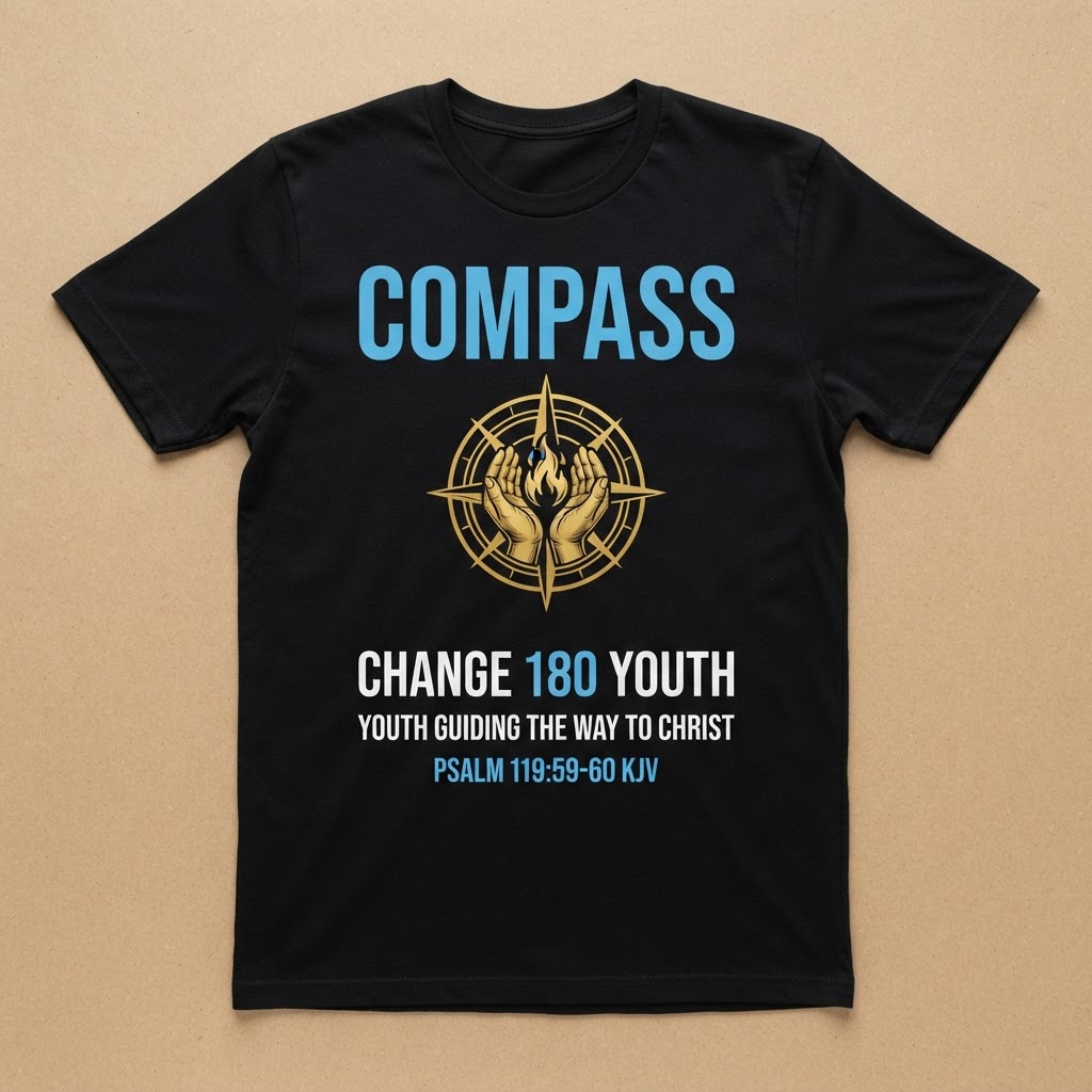 The 180 YOUth Tee in black - COMPASS lockup centered on deep black