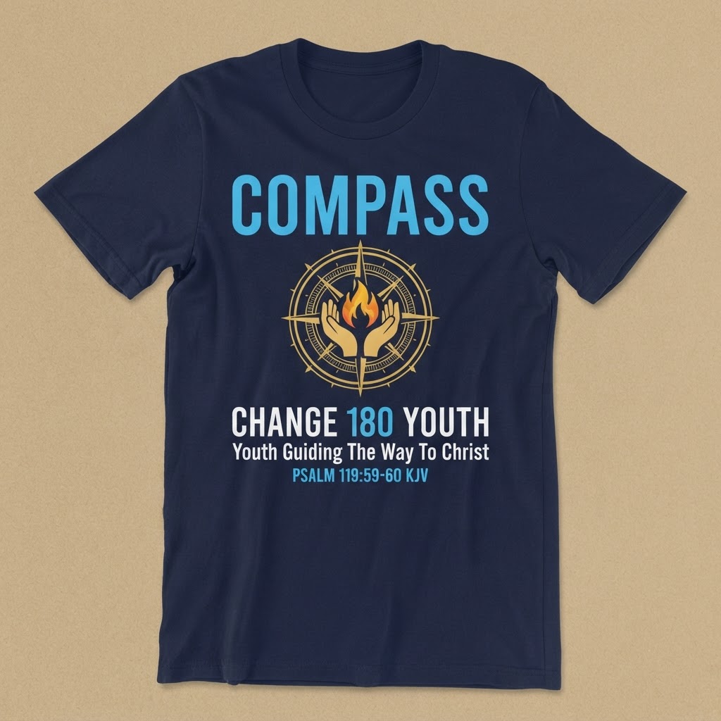 The 180 YOUth Tee in signature navy with the COMPASS lockup in gold and light blue