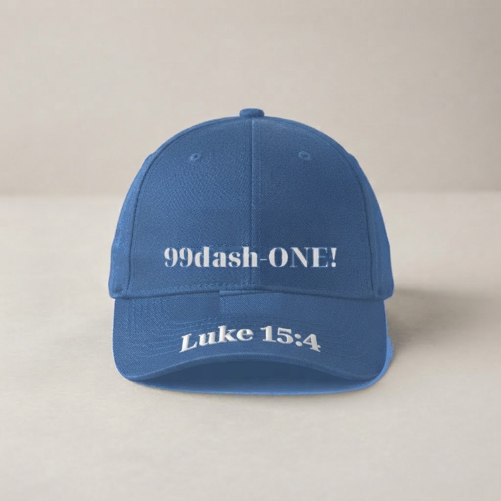 Blue-jean denim cap with the 99dash-ONE! mark in white