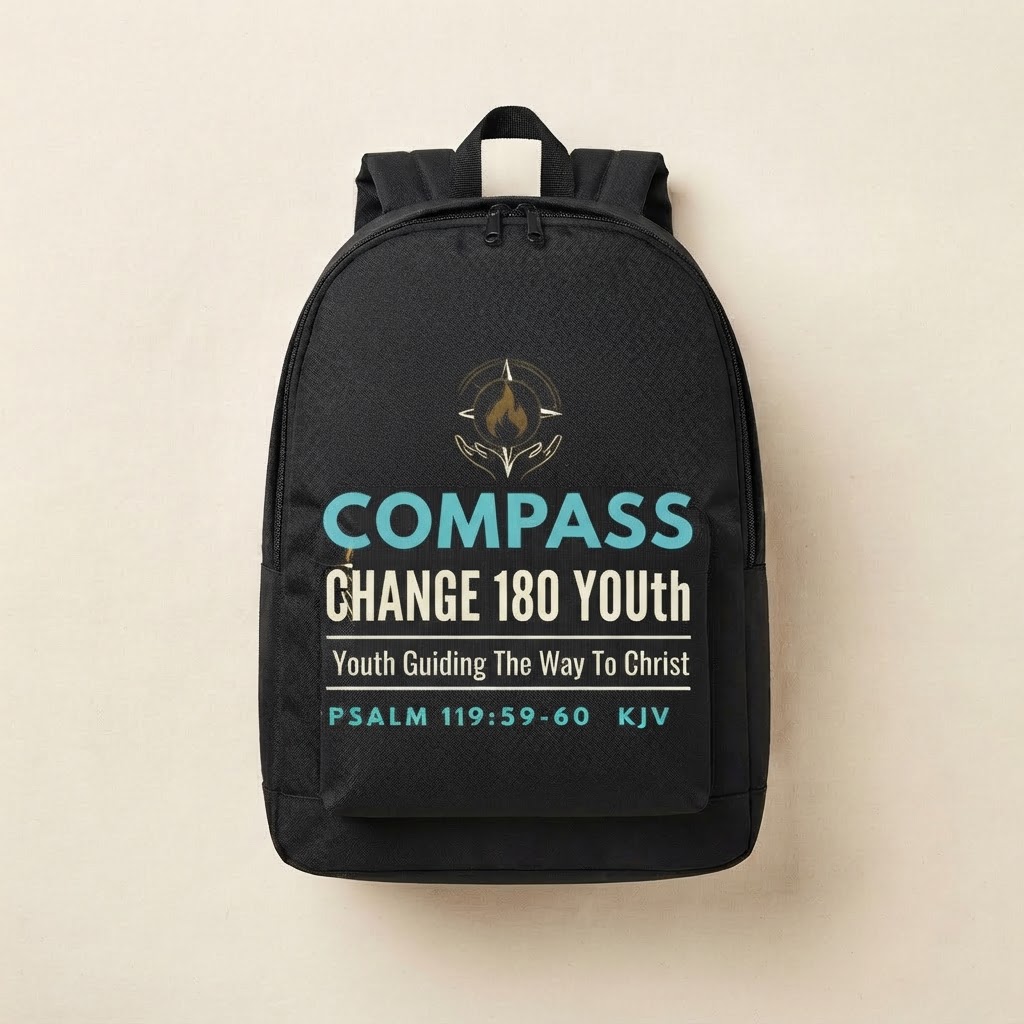 The COMPASS Book Bag - black backpack with the 180 YOUth lockup