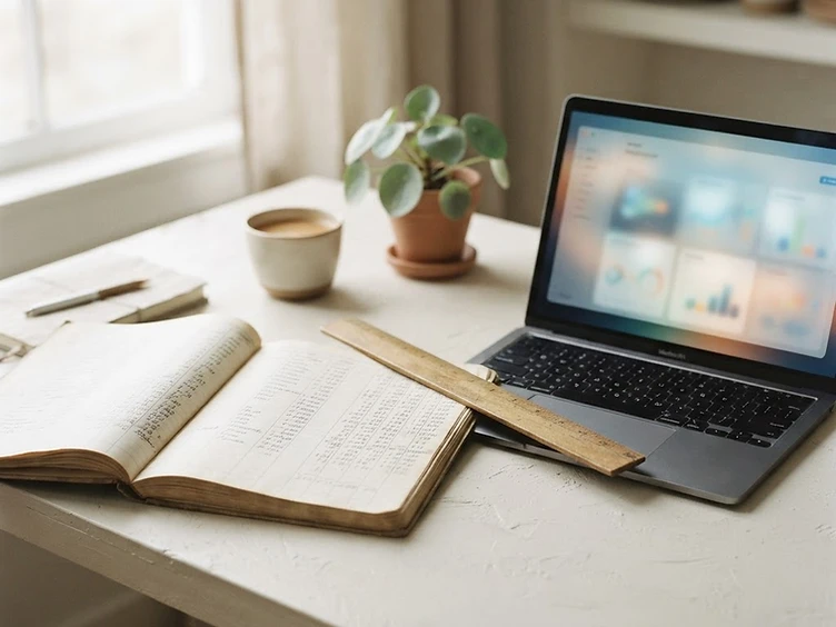 Aufgeschlagenes Buchhaltungsjournal neben einem Laptop mit ERP-Dashboard