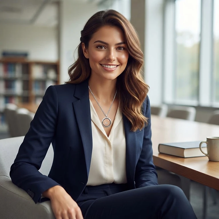 Shattered Glass Ceiling Necklace worn by a young female college student