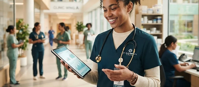A young college student in a healthcare setting reviewing patient data on a tablet
