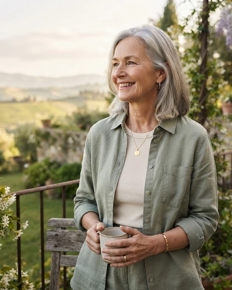 A vibrant older adult looking toward the horizon in warm morning light