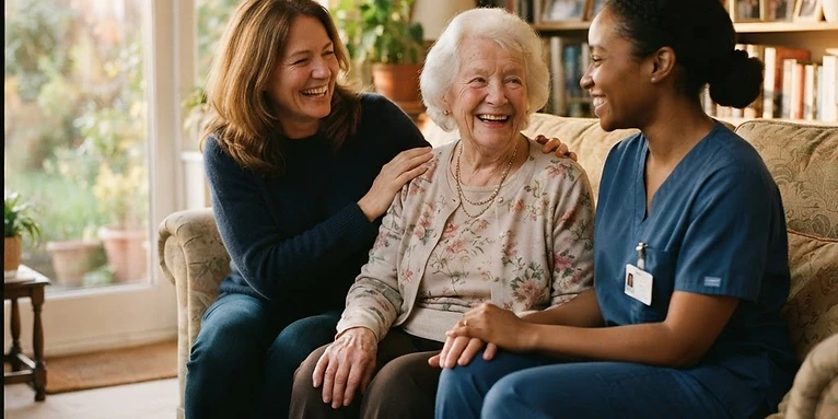 A senior member sharing a warm moment with her daughter and a care professional