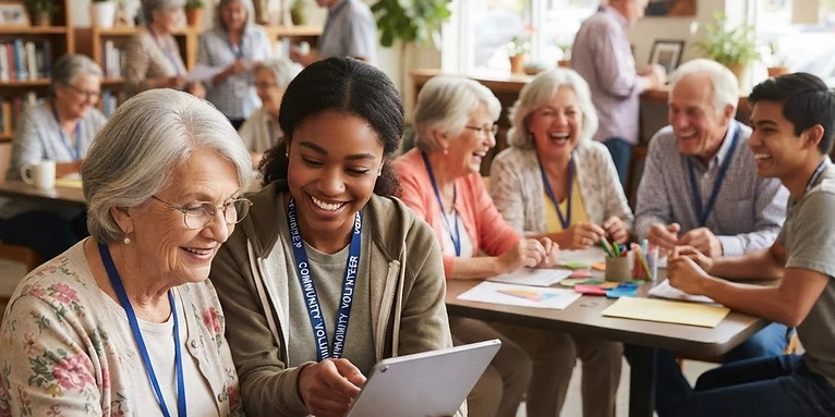 Senior members being supported by diverse community students in an intergenerational setting