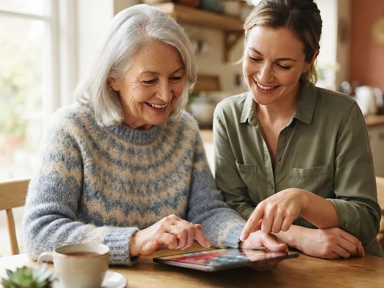 A senior member using a tablet with help from a care partner