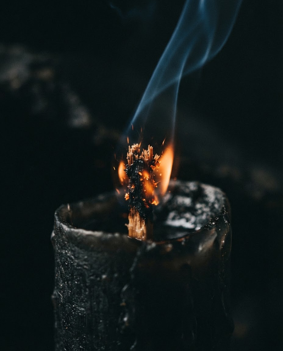 Crackling wooden wick igniting in the dark