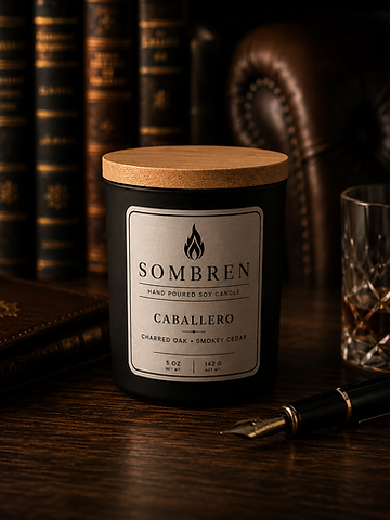 Caballero — charred oak and smoky cedar in a heavyweight matte glass jar