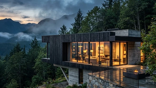 Cascadia House — exterior at dusk