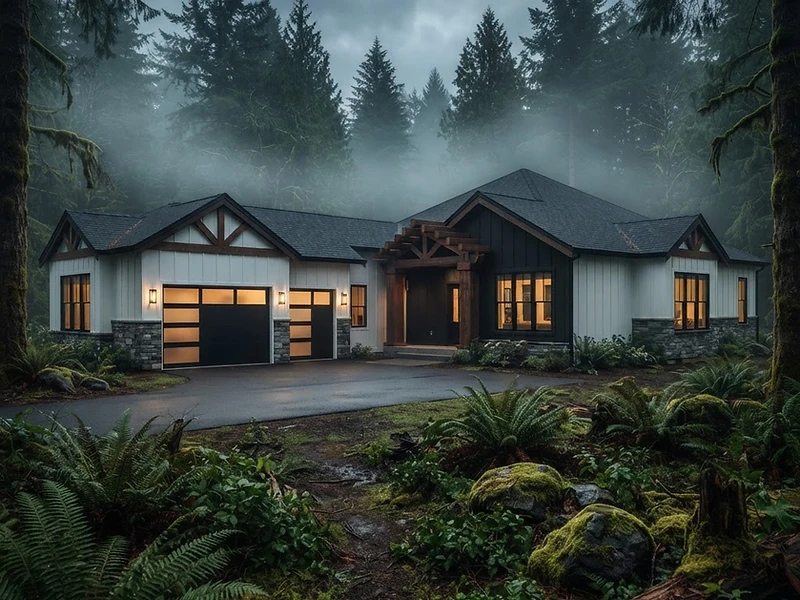 A Witloc home standing in Pacific Northwest mist at blue hour