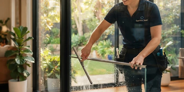 Cleaner washing a window with a squeegee