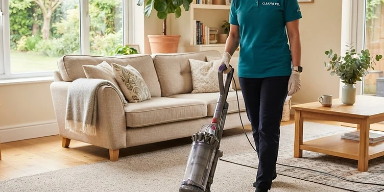 Cleaner vacuuming a living room