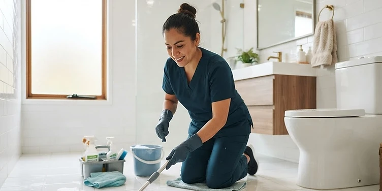 Cleaner mopping a bathroom floor