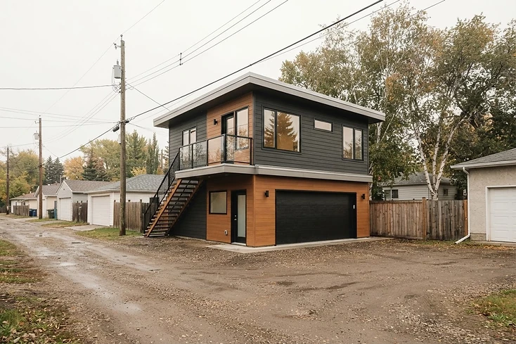 Modern two-storey garage suite with living space above a detached garage on an Edmonton back lane