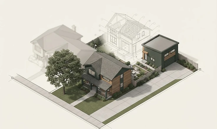 Isometric site illustration of a residential lot with a primary house and a detached rear garage suite, overlaid with technical construction linework