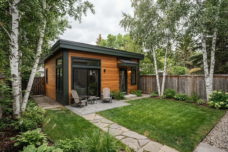 Small detached garden suite with warm cedar siding and a glass door at the back of an Edmonton yard