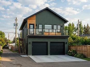 Two-storey garage suite with a living unit above a double garage, seen from an Edmonton back lane