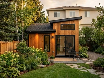 Detached single-storey garden suite with wood cladding in a landscaped Edmonton backyard