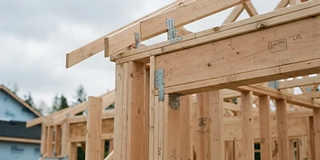 Clean wood framing of a small residential structure under construction against an overcast sky