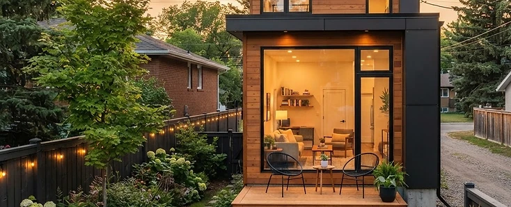 Completed backyard suite at golden hour with a lit interior and small deck