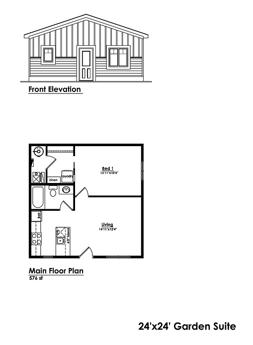 24 by 24 foot garden suite plan: front elevation and 576 sq ft main floor with bedroom, living area, kitchen island, bathroom, laundry and linen