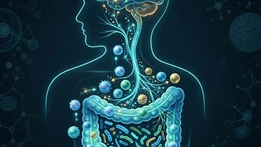 Scientific illustration of the gut-brain axis and immune system connection.