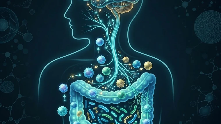 Scientific illustration of the gut-brain axis and immune system connection.