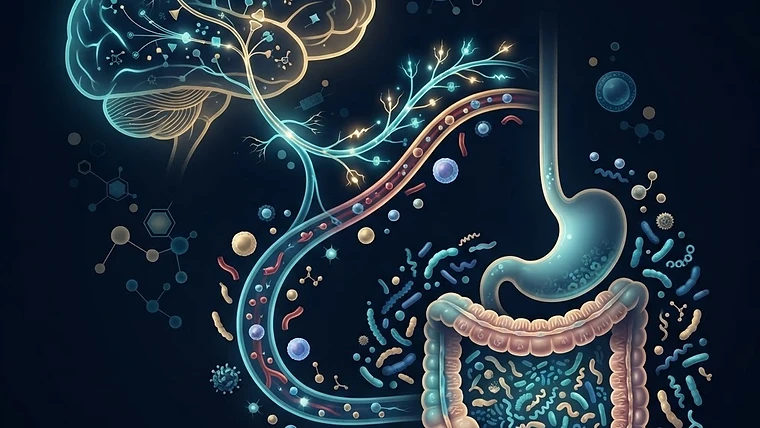 Scientific illustration of the gut-brain axis and systemic inflammation.