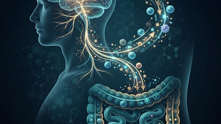 Scientific illustration of the gut-brain axis and immune system connection.