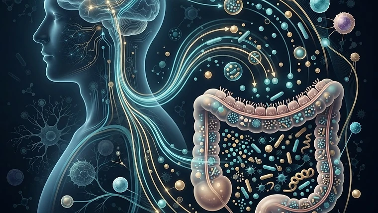 Scientific illustration of the gut-brain axis and immune system connection.