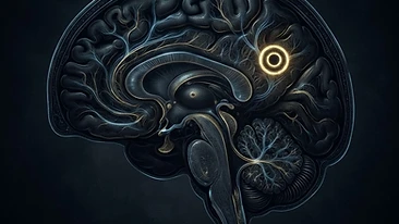 Abstract MRI-style illustration of a brain with a single ring-enhancing lesion on a dark background