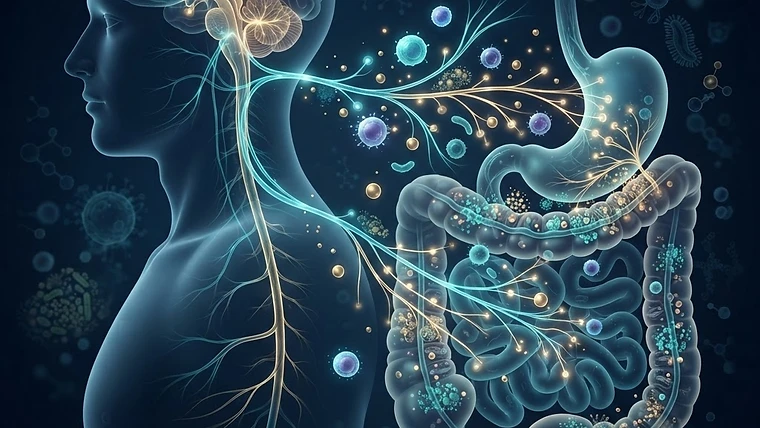 Scientific illustration of the gut-brain axis and systemic inflammation.