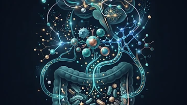Scientific illustration of the gut-brain axis and the immune system's response to parasites and inflammation.