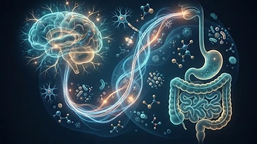 Scientific illustration of the gut-brain axis and its connection to systemic health.