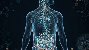 Conceptual medical illustration showing the gut-brain axis, systemic inflammation, and the immune response to parasitic 