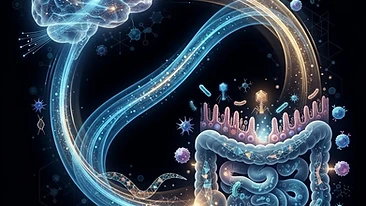 Conceptual illustration of the gut-brain axis showing the connection between intestinal health and brain function.
