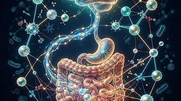 Conceptual scientific visualization of the gut-brain axis, neuroinflammation, and metabolic immune pathways