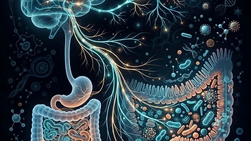 Scientific visualization of the gut-brain axis and systemic inflammation.