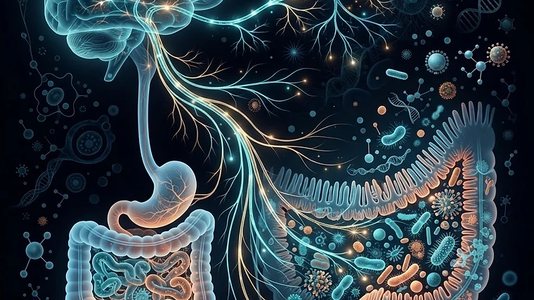 Scientific visualization of the gut-brain axis and systemic inflammation.