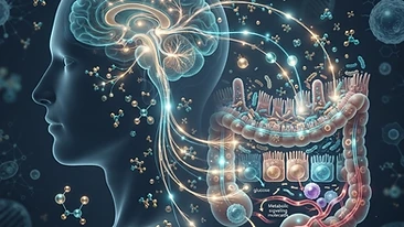 3D scientific visual rendering of the human gut-brain axis showing communication pathways between the central nervous sy