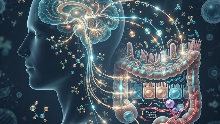 3D scientific visual rendering of the human gut-brain axis showing communication pathways between the central nervous sy