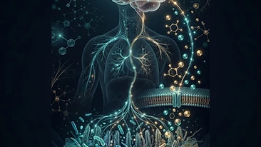 Conceptual scientific diagram of the gut-brain-metabolic axis illustrating immune signaling between the intestinal micro