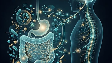 Scientific illustration of the gut-brain axis and systemic inflammation