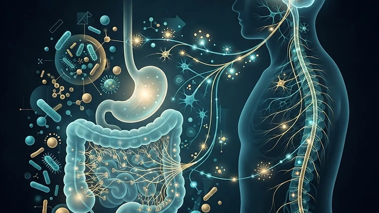 Scientific illustration of the gut-brain axis and systemic inflammation