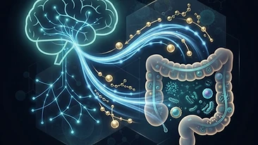 Scientific illustration of the gut-brain axis and immune system connection.