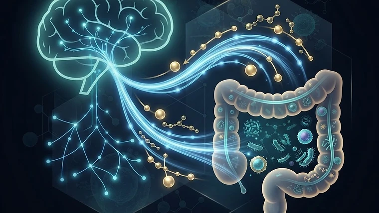 Scientific illustration of the gut-brain axis and immune system connection.