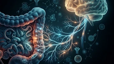 Conceptual medical illustration of the gut-brain axis showing the interaction between intestinal parasites, immune signa