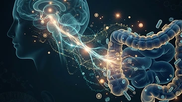 3D medical illustration showing the communication between the gut microbiome and the human brain, highlighting the pathw