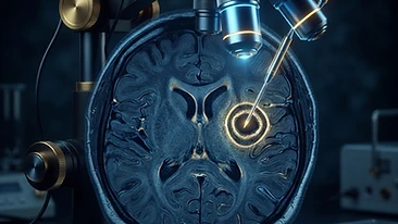 Fusion illustration of a microscope and brain MRI with a biopsy needle approaching a ring-enhancing lesion